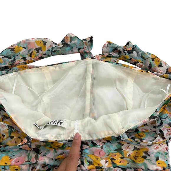 AMUR Elyse Silk Chiffon Floral Ruffle Bodycon Mini Dress Multicolor 6 Coquette - Picture 14 of 16